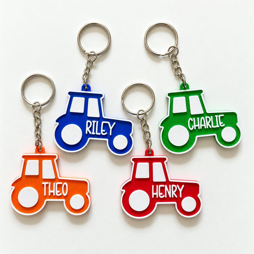 Personalised Name Tractor Keyrings Kids Backpack Keychain Boys PE Kit Bag Charm Gift