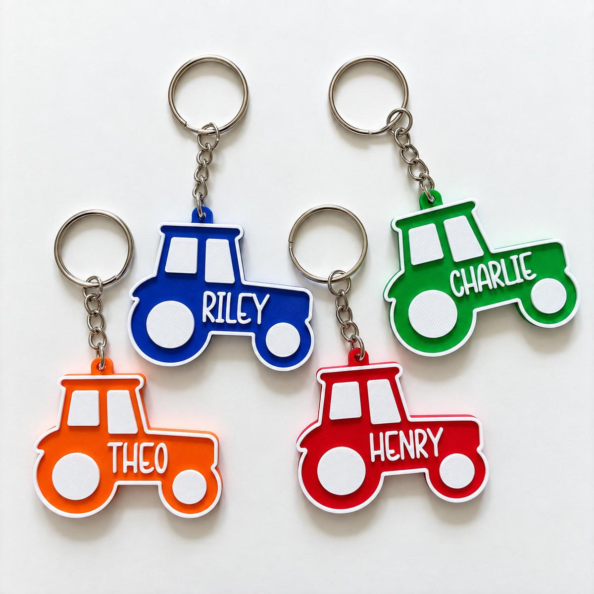 Personalised Name Tractor Keyrings Kids Backpack Keychain Boys PE Kit Bag Charm Gift