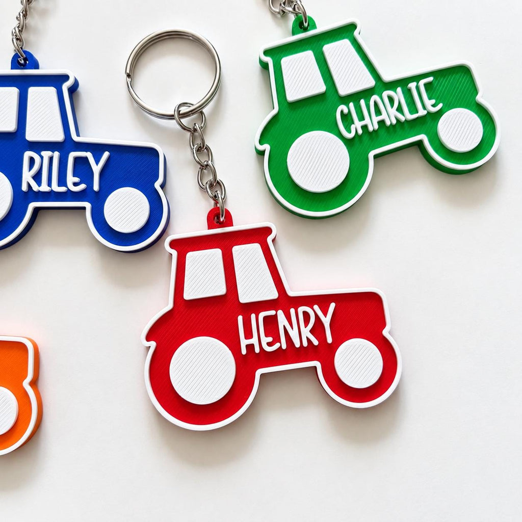 Personalised Name Tractor Keyrings Kids Backpack Keychain Boys PE Kit Bag Charm Gift