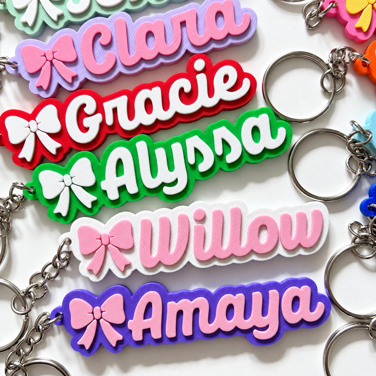 Personalised Name Keyring - Girls Bow Dance Cheer Backpack Keychain Bag Charm
