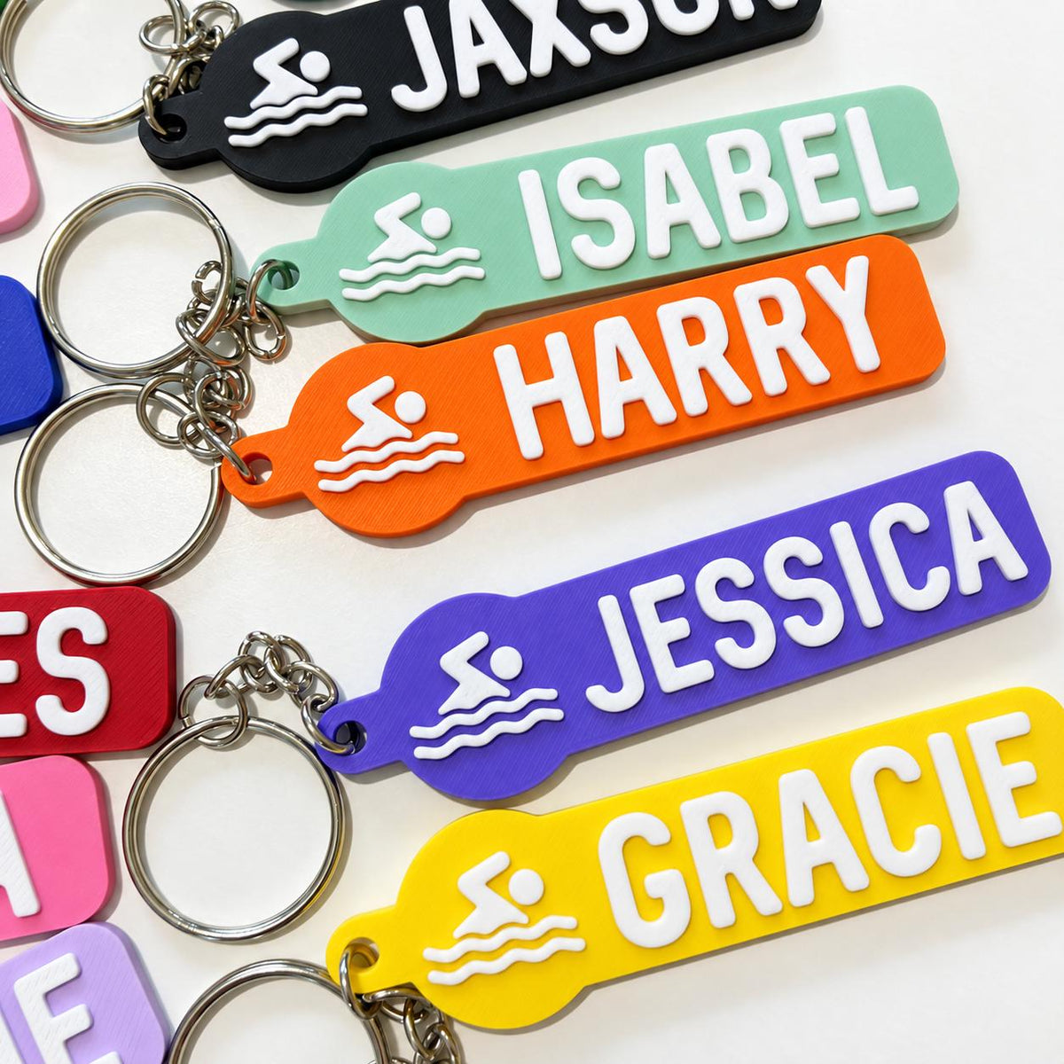Personalised Name Swimming Keyrings Kids Backpack Keychain Swimmer Team Bag Gift