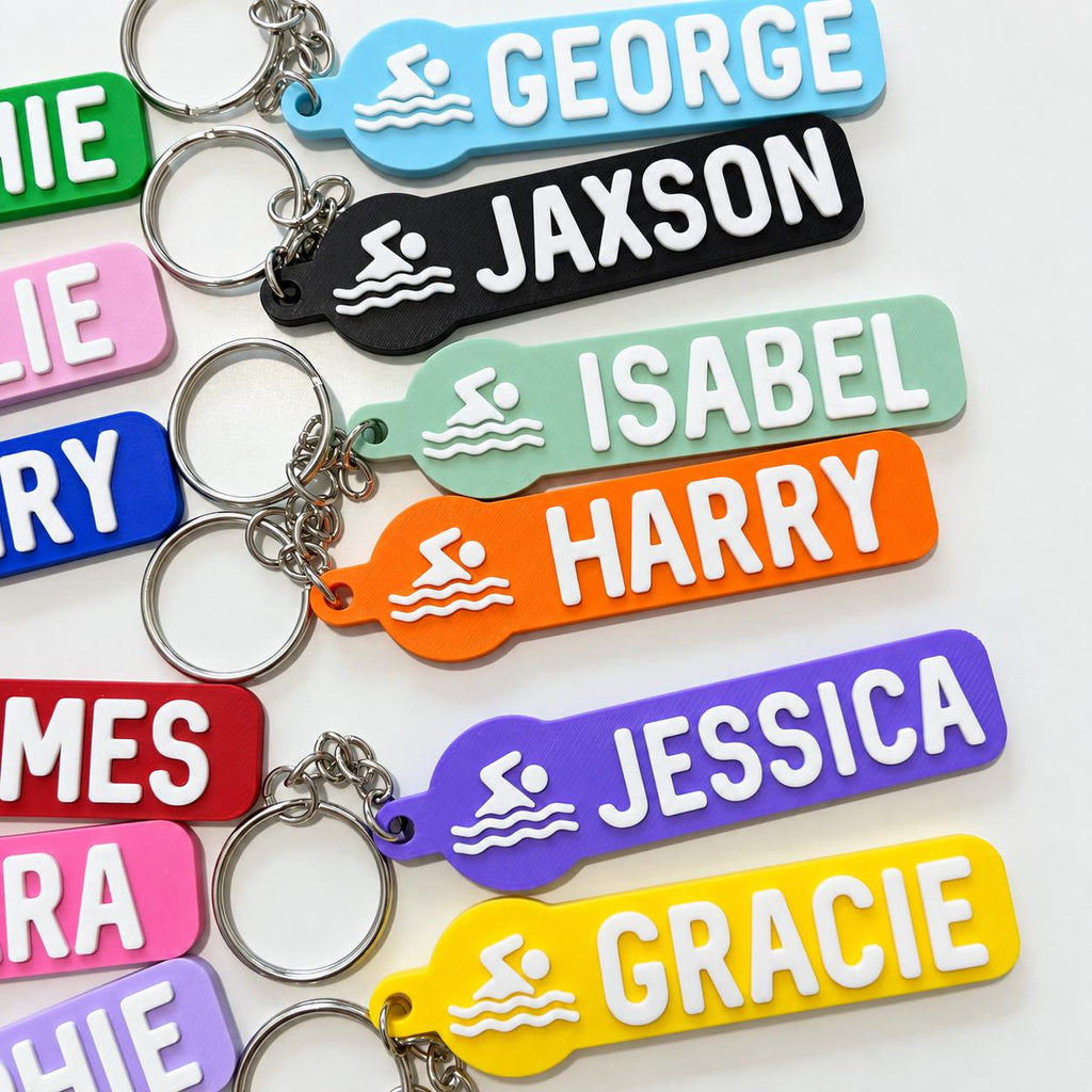 Personalised Name Swimming Keyrings Kids Backpack Keychain Swimmer Team Bag Gift