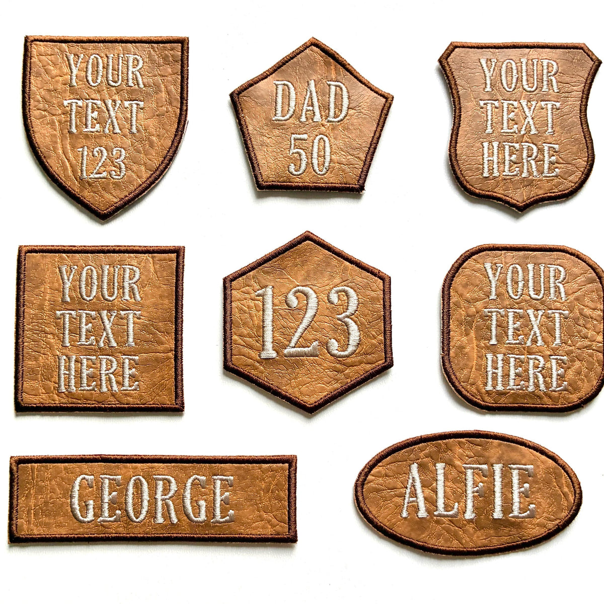Personalised Embroidered Faux Leather Patches Iron & Sew On Custom Name Text Shaped Badges