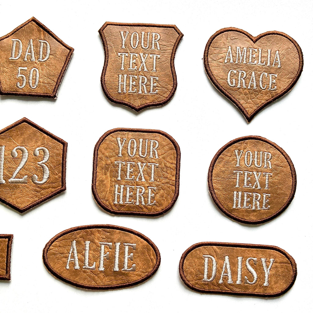 Personalised Embroidered Faux Leather Patches Iron & Sew On Custom Name Text Shaped Badges