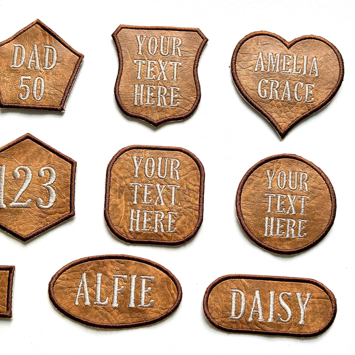 Personalised Embroidered Faux Leather Patches Iron & Sew On Custom Name Text Shaped Badges