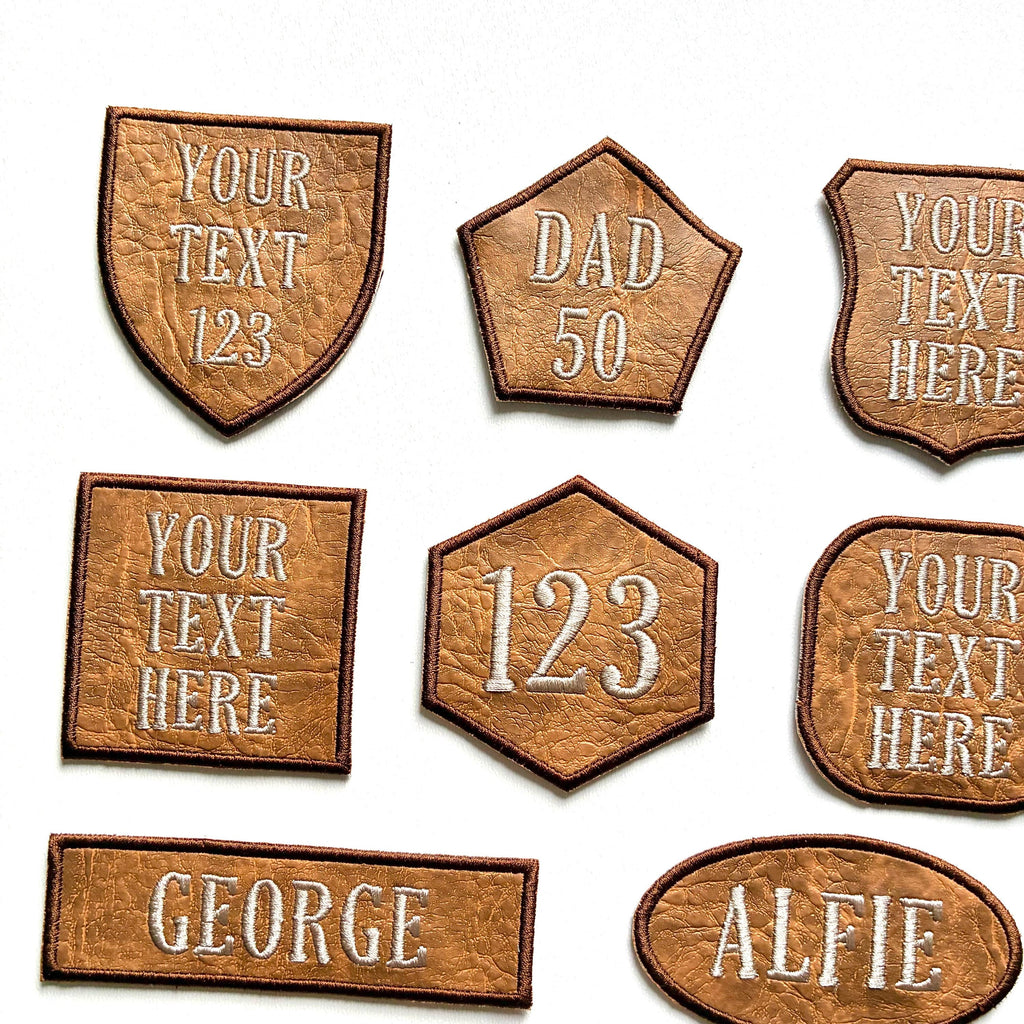 Personalised Embroidered Faux Leather Patches Iron & Sew On Custom Name Text Shaped Badges