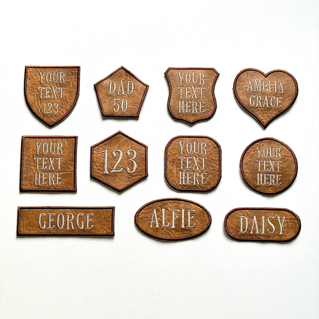 Personalised Embroidered Faux Leather Patches Iron & Sew On Custom Name Text Shaped Badges