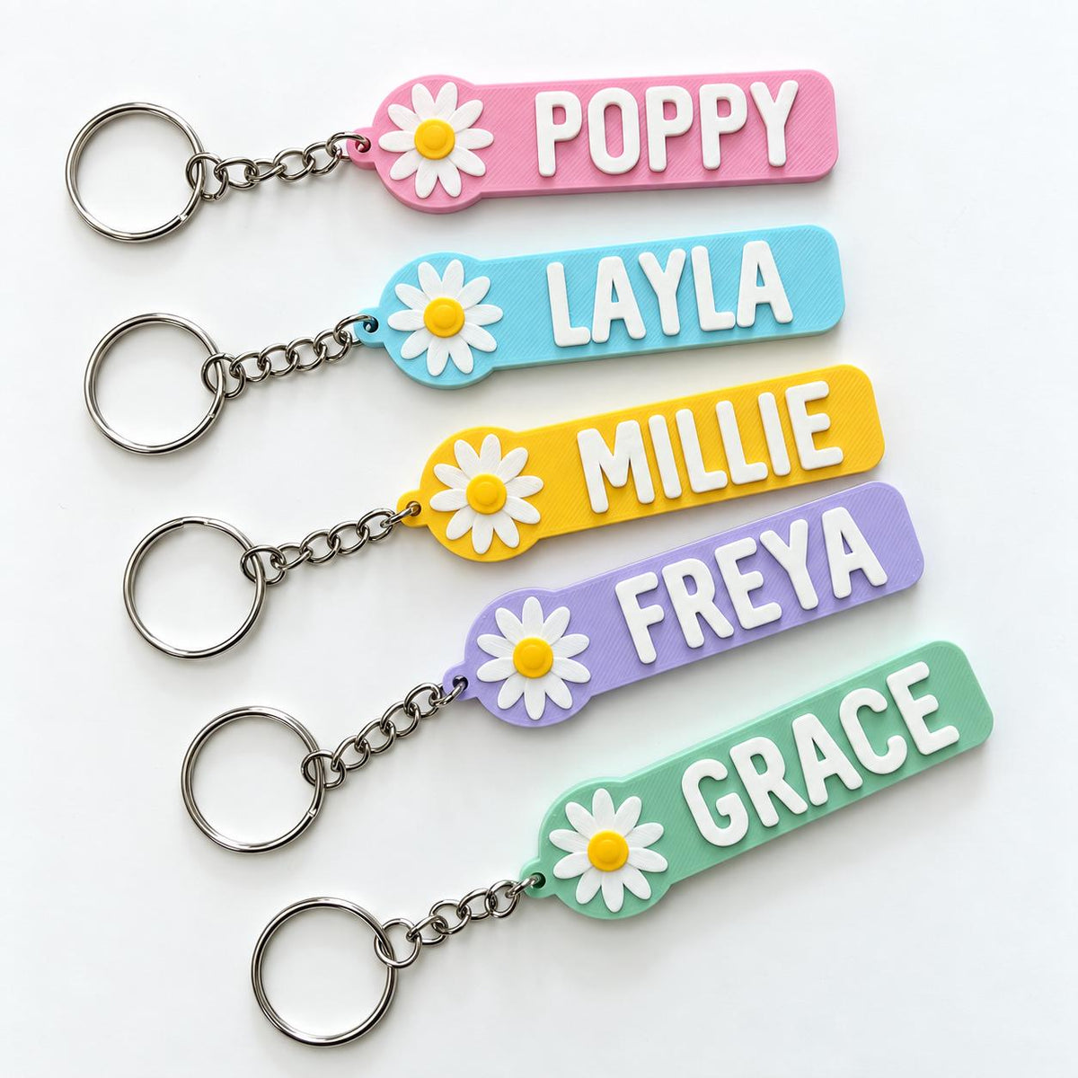 Personalised Name Flower Keyring Kids Girls Backpack Keychain Party Bag Charm