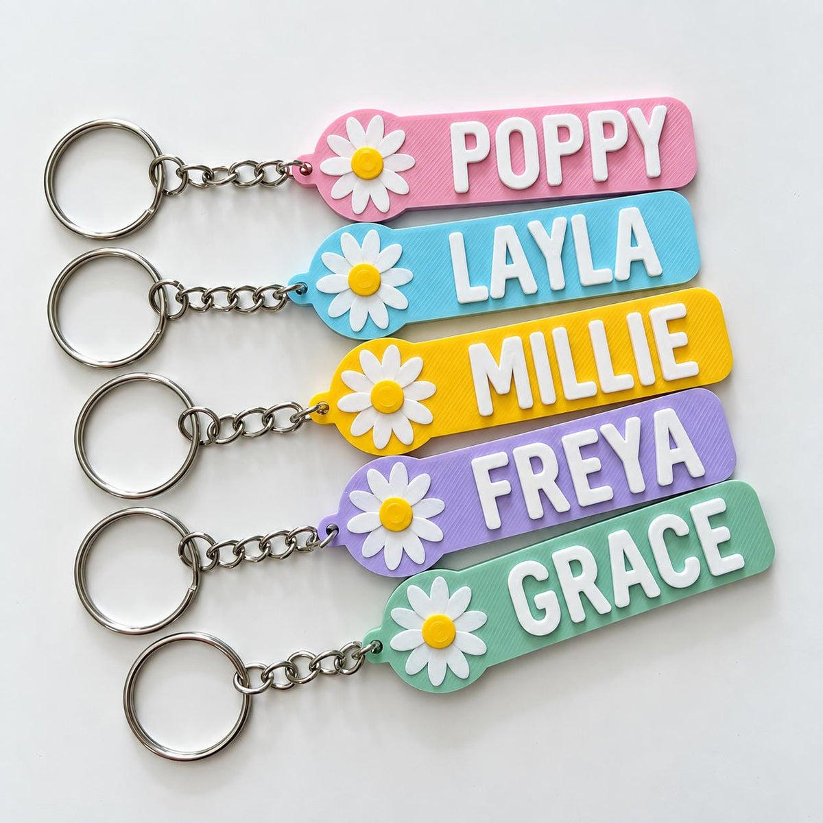 Personalised Name Flower Keyring Kids Girls Backpack Keychain Party Bag Charm
