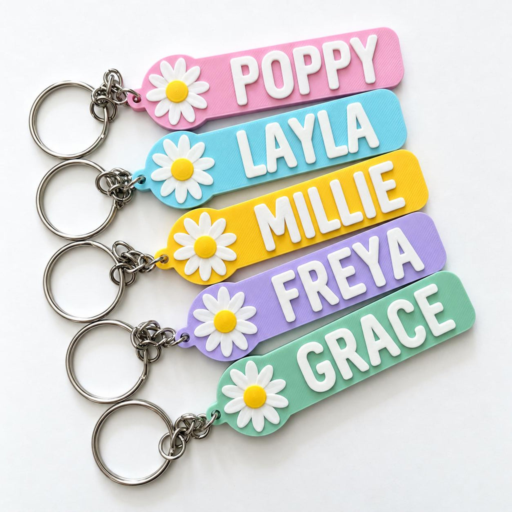Personalised Name Flower Keyring Kids Girls Backpack Keychain Party Bag Charm
