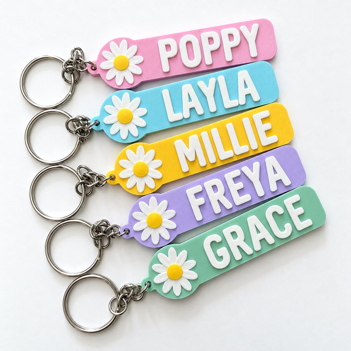 Personalised Name Flower Keyring Kids Girls Backpack Keychain Party Bag Charm