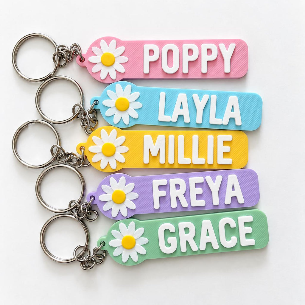 Personalised Name Flower Keyring Kids Girls Backpack Keychain Party Bag Charm