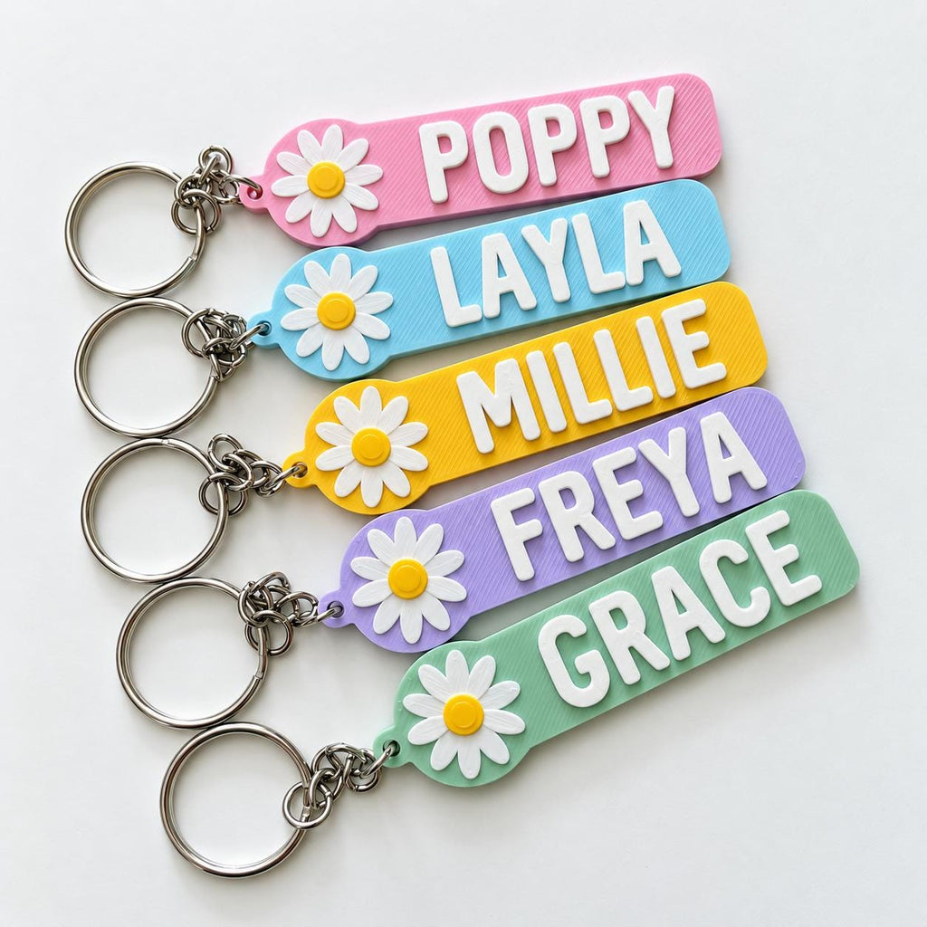 Personalised Name Flower Keyring Kids Girls Backpack Keychain Party Bag Charm