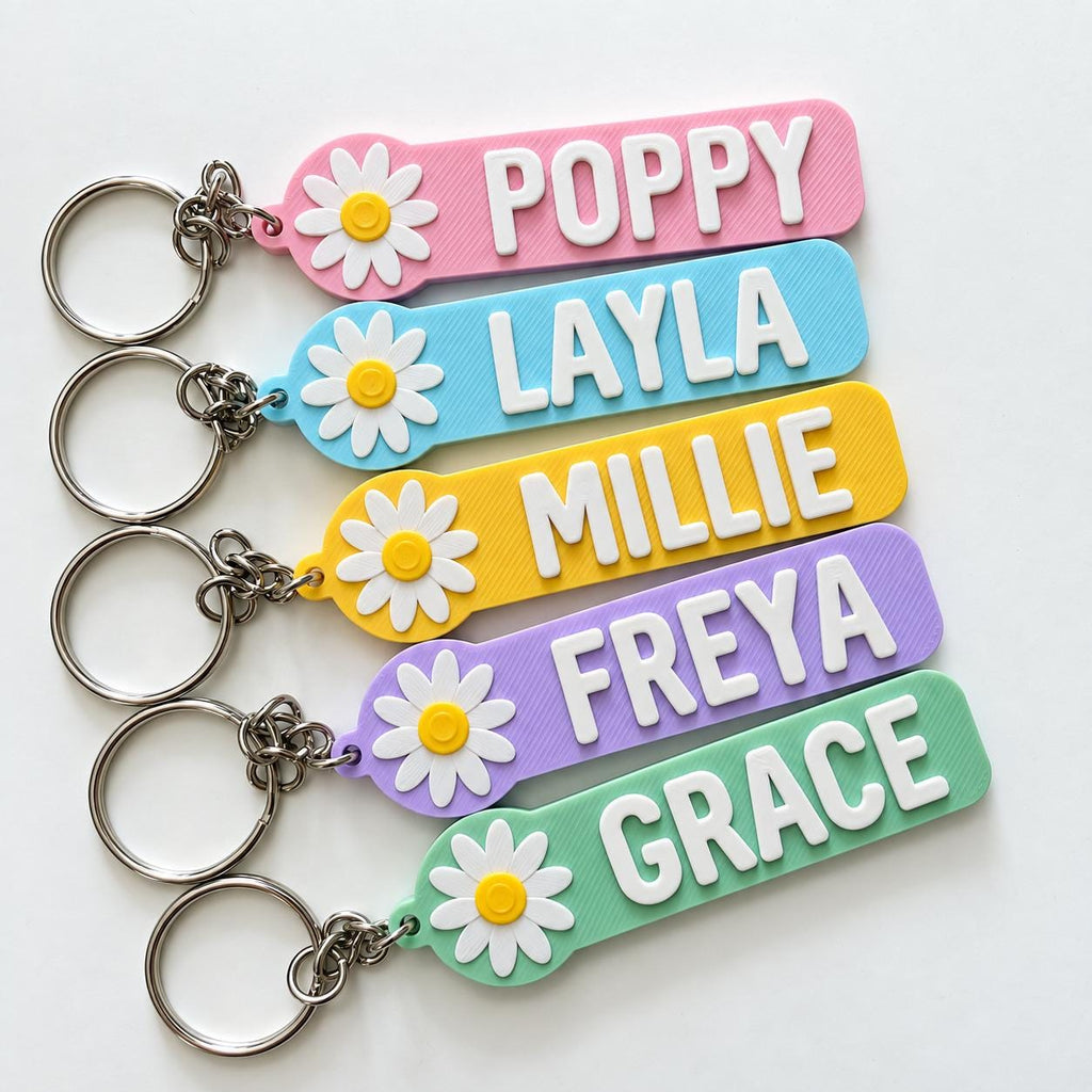 Personalised Name Flower Keyring Kids Girls Backpack Keychain Party Bag Charm