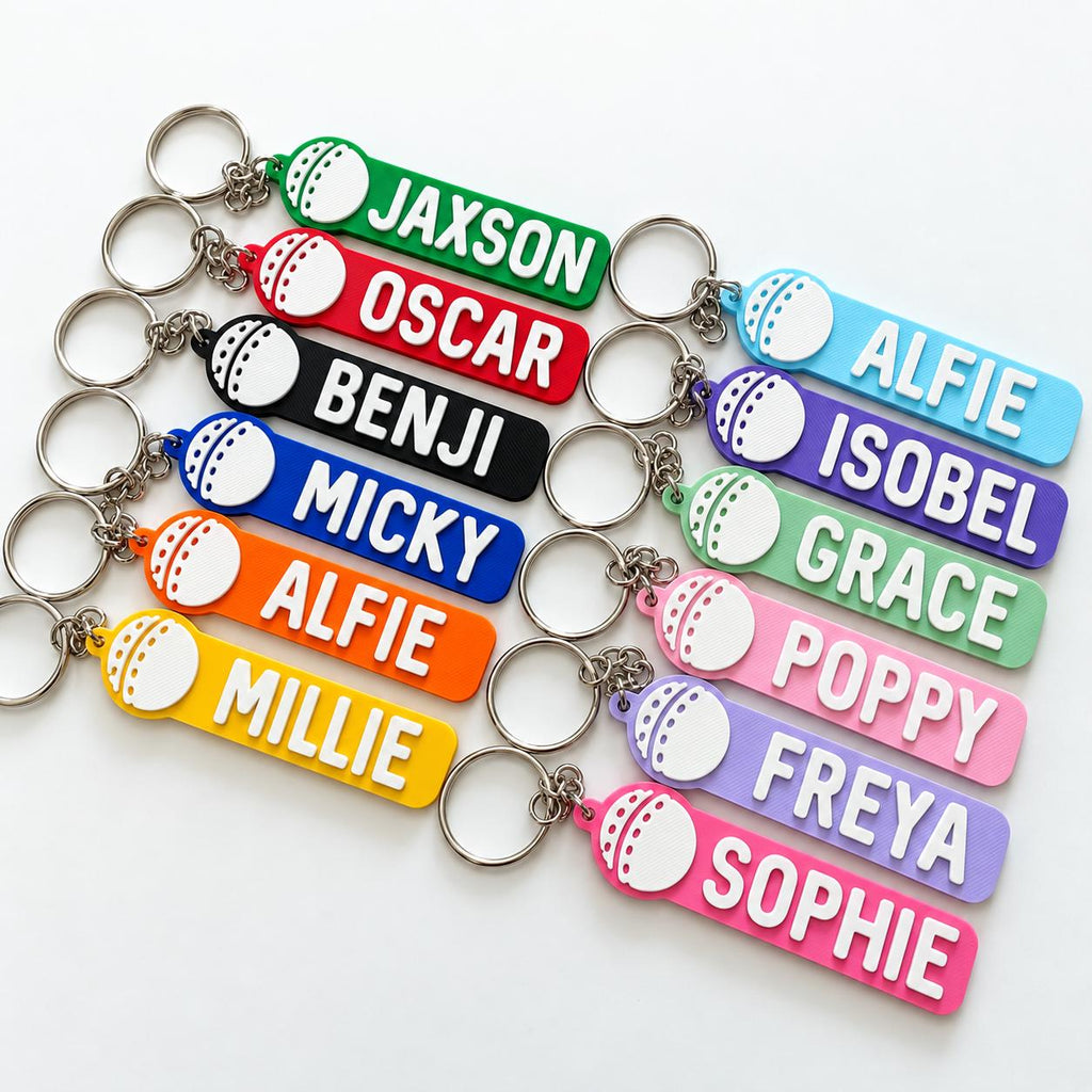 Personalised Name Cricket Ball Keyring - Backpack Keychain Club Kit Bag Dad Gift