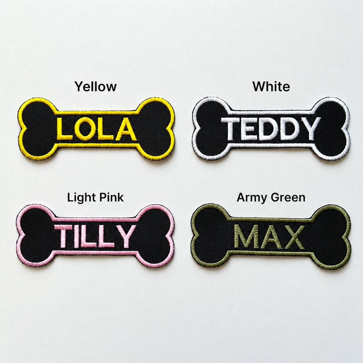 Personalised Embroidered Bone Patches Sew/Iron/VELCRO® Dog Name Harness Badge