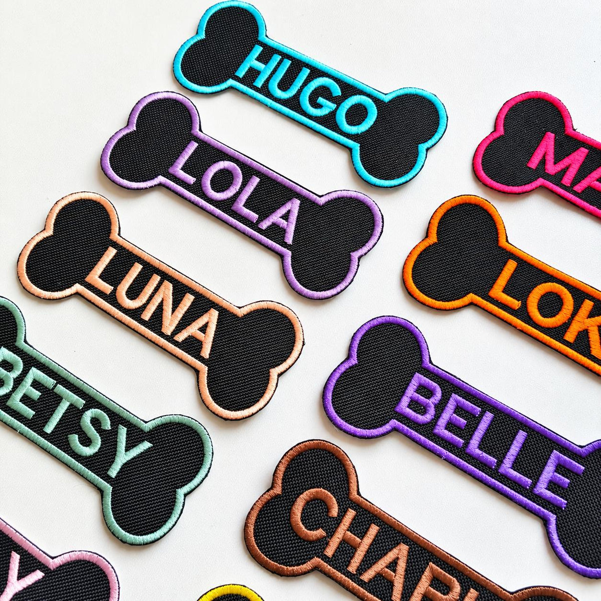 Personalised Embroidered Bone Patches Sew/Iron/VELCRO® Dog Name Harness Badge
