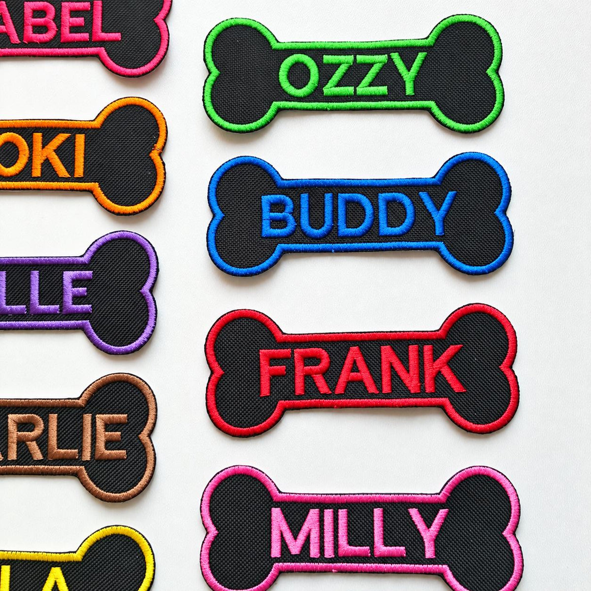 Personalised Embroidered Bone Patches Sew/Iron/VELCRO® Dog Name Harness Badge