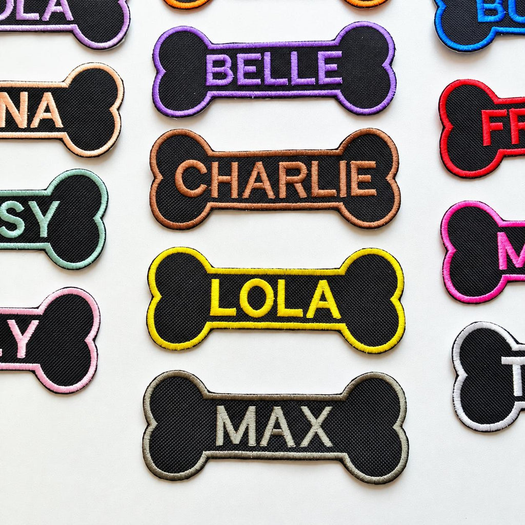Personalised Embroidered Bone Patches Sew/Iron/VELCRO® Dog Name Harness Badge