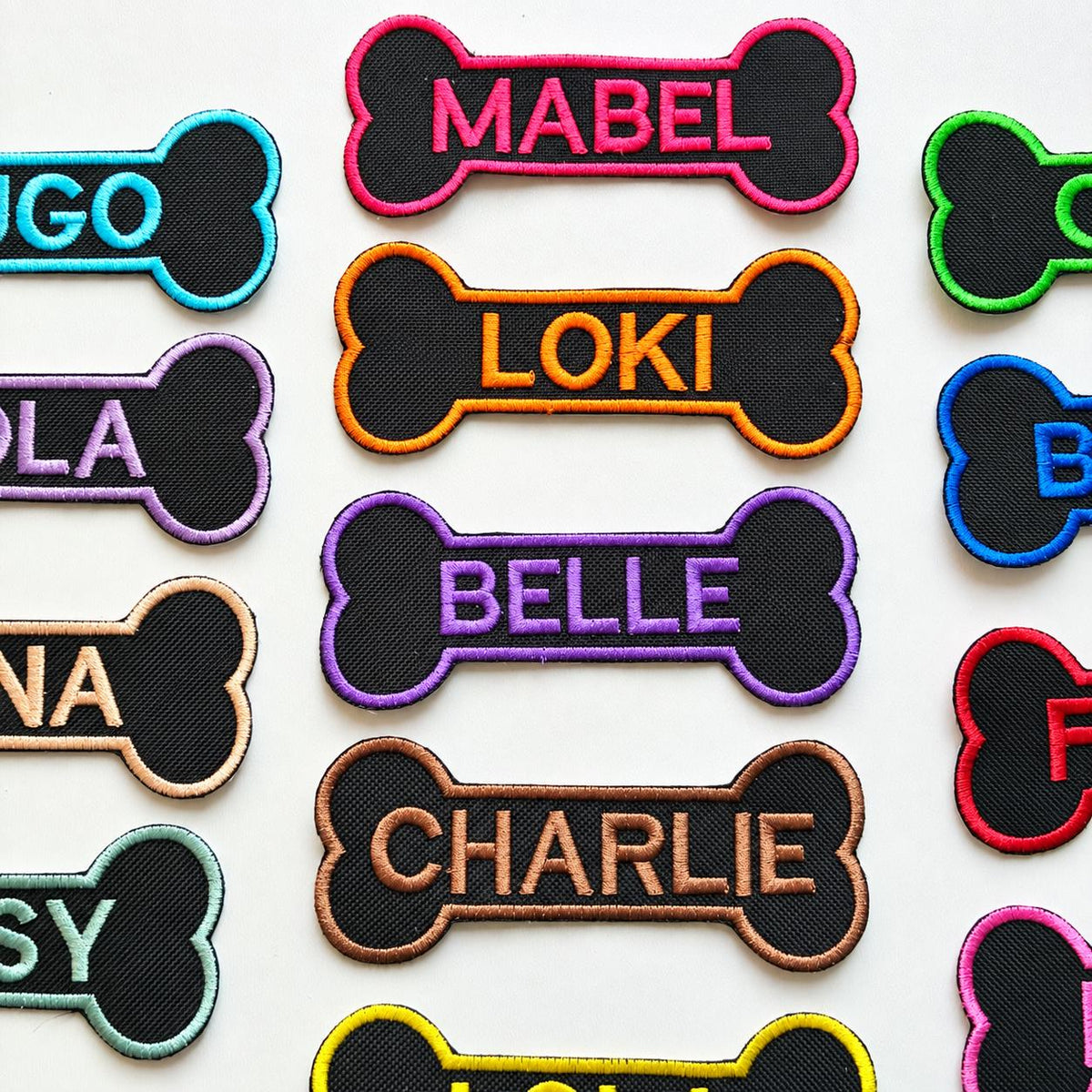 Personalised Embroidered Bone Patches Sew/Iron/VELCRO® Dog Name Harness Badge