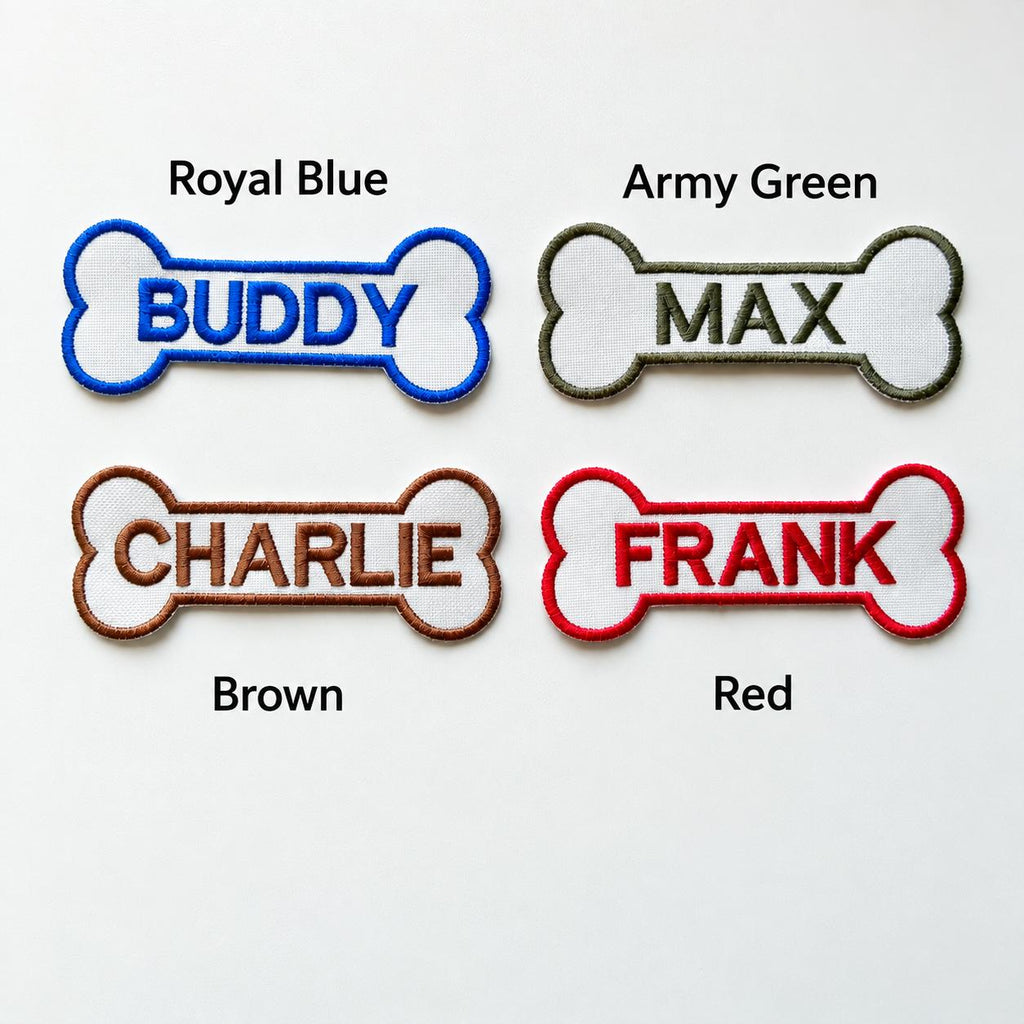 Personalised Embroidered Bone Patches Sew/Iron/VELCRO® Dog Name Harness Badge