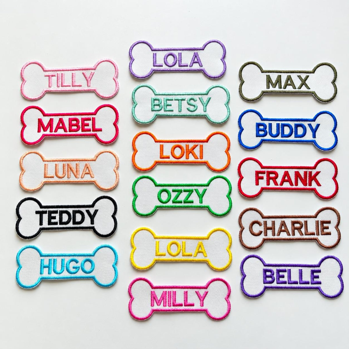 Personalised Embroidered Bone Patches Sew/Iron/VELCRO® Dog Name Harness Badge