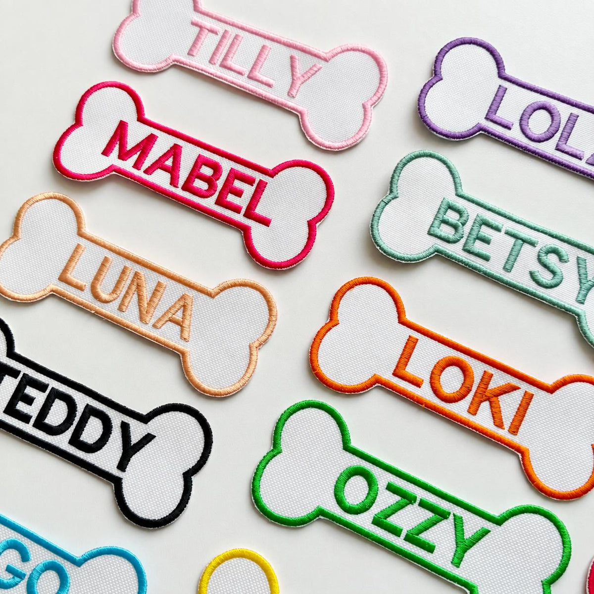 Personalised Embroidered Bone Patches Sew/Iron/VELCRO® Dog Name Harness Badge
