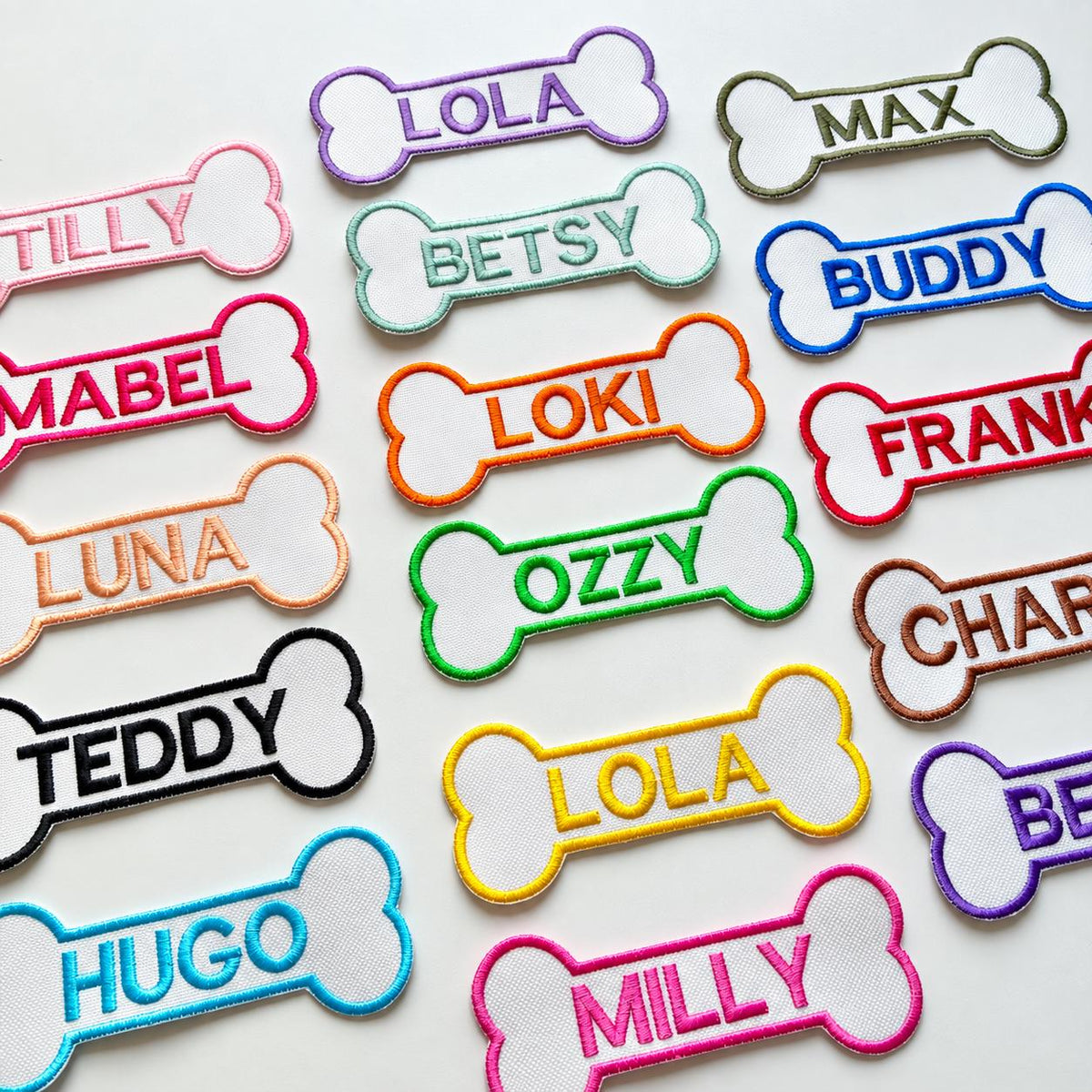 Personalised Embroidered Bone Patches Sew/Iron/VELCRO® Dog Name Harness Badge
