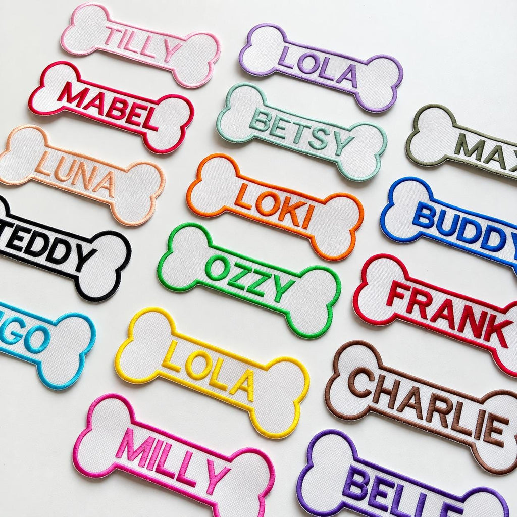 Personalised Embroidered Bone Patches Sew/Iron/VELCRO® Dog Name Harness Badge