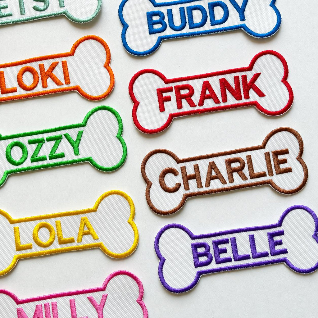 Personalised Embroidered Bone Patches Sew/Iron/VELCRO® Dog Name Harness Badge