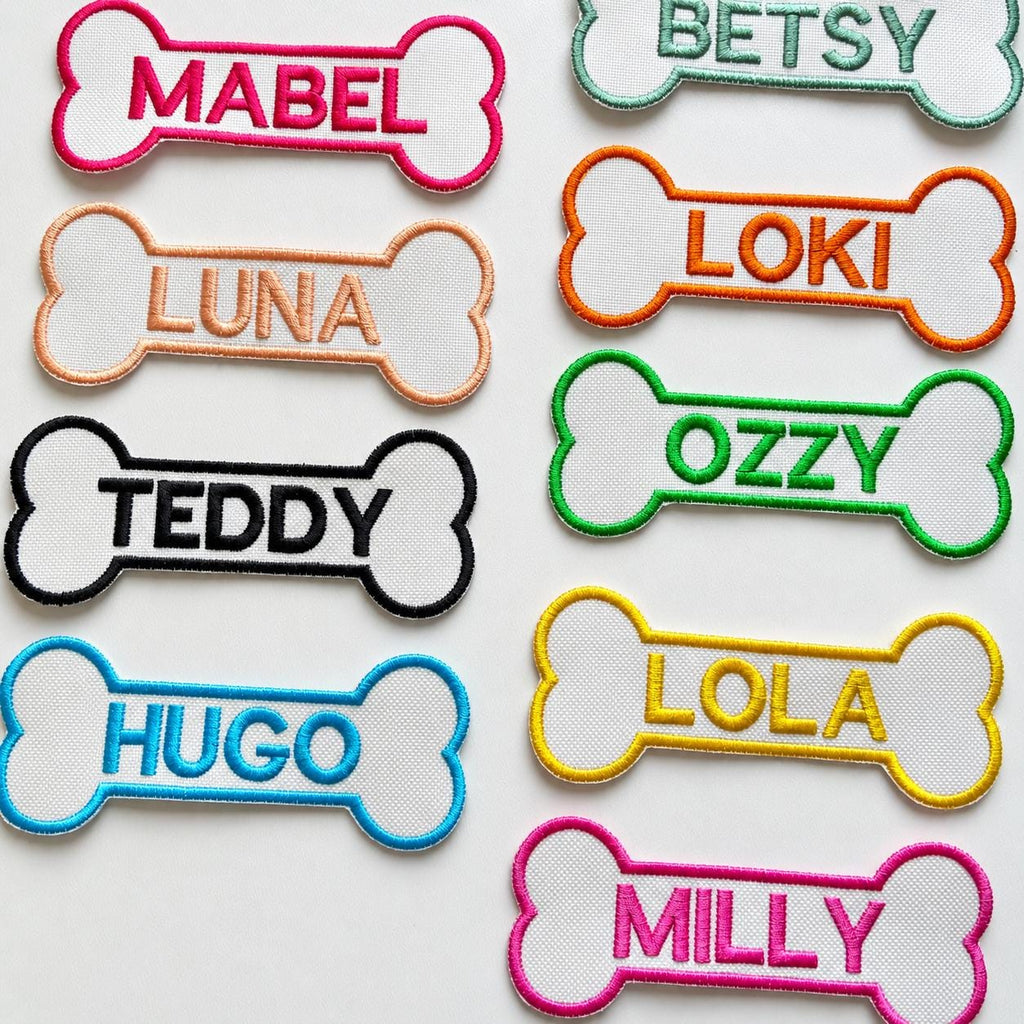 Personalised Embroidered Bone Patches Sew/Iron/VELCRO® Dog Name Harness Badge