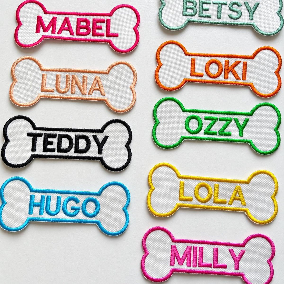 Personalised Embroidered Bone Patches Sew/Iron/VELCRO® Dog Name Harness Badge