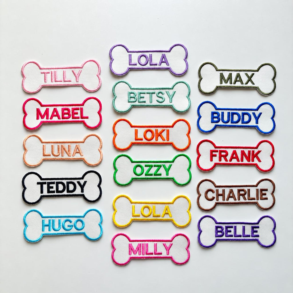Personalised Embroidered Bone Patches Sew/Iron/VELCRO® Dog Name Harness Badge