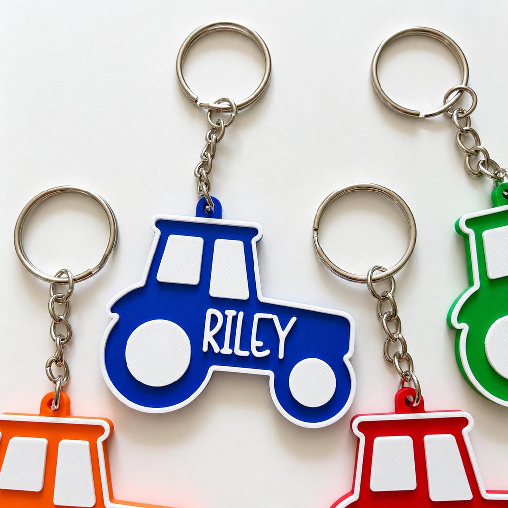 Personalised Name Tractor Keyrings Kids Backpack Keychain Boys PE Kit Bag Charm Gift