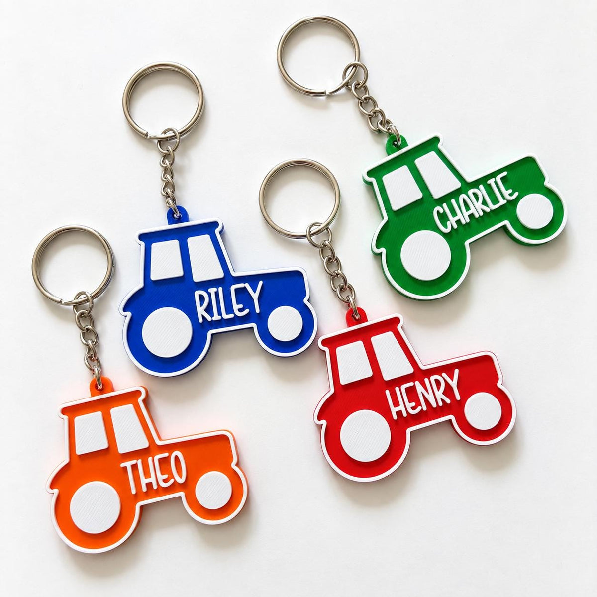 Personalised Name Tractor Keyrings Kids Backpack Keychain Boys PE Kit Bag Charm Gift