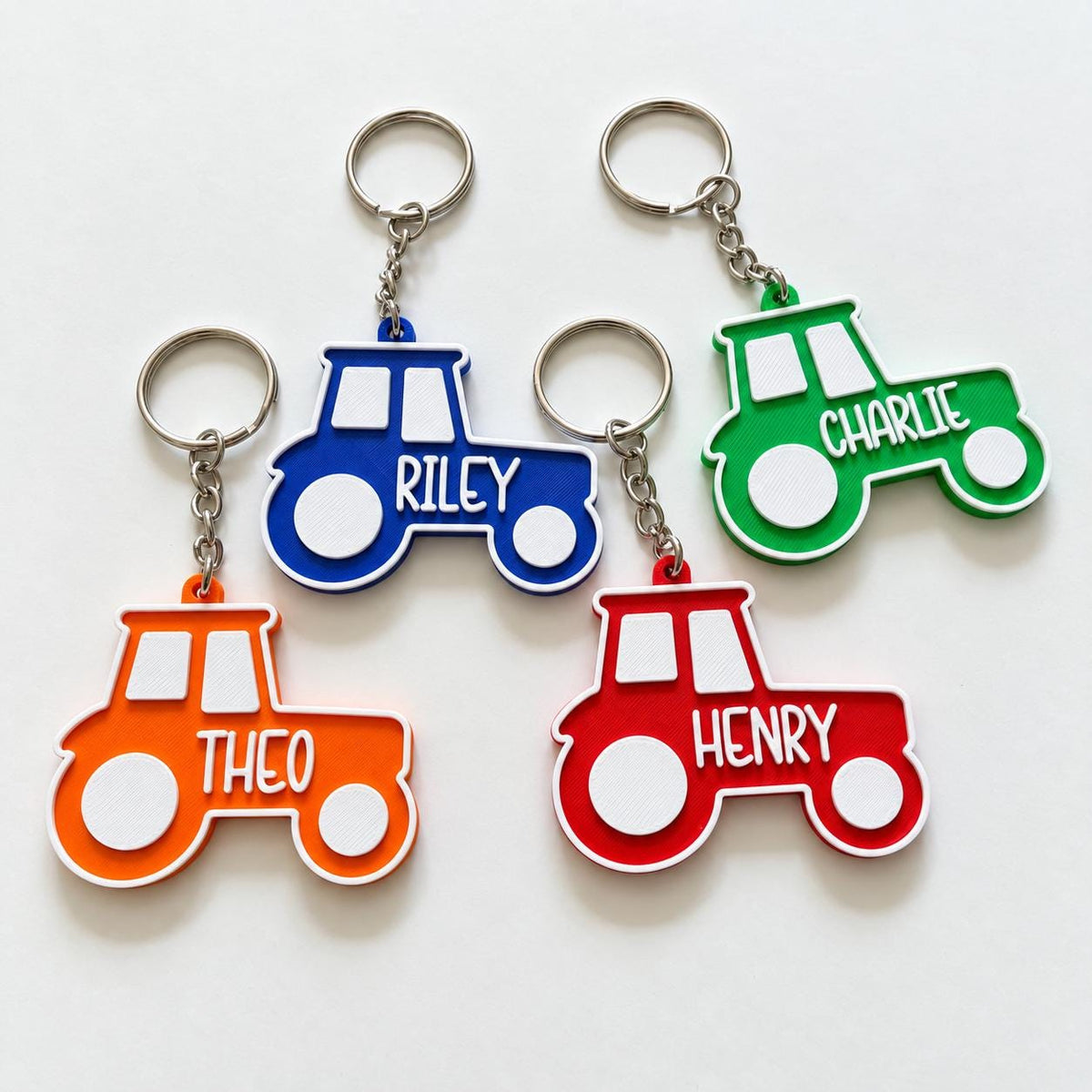 Personalised Name Tractor Keyrings Kids Backpack Keychain Boys PE Kit Bag Charm Gift