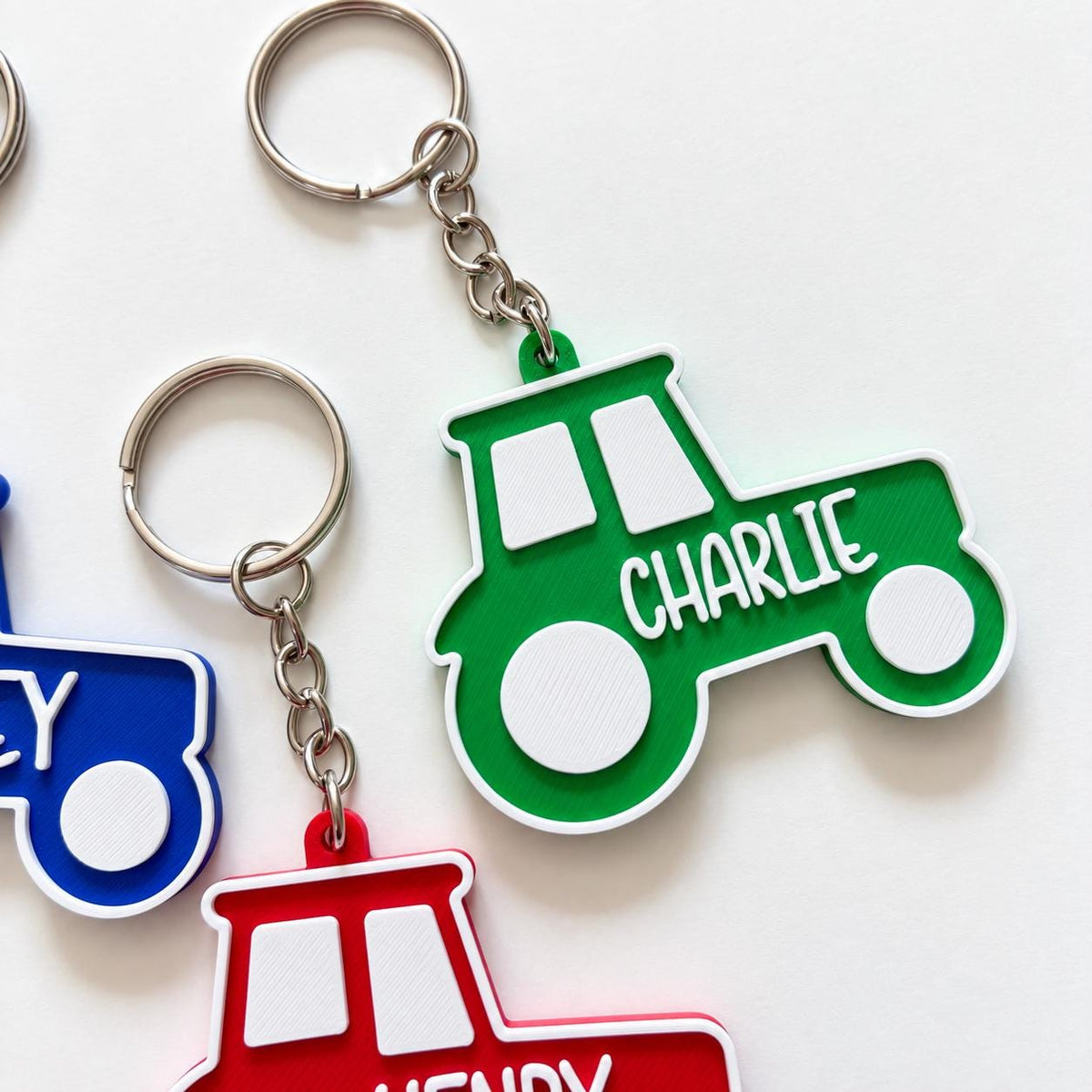 Personalised Name Tractor Keyrings Kids Backpack Keychain Boys PE Kit Bag Charm Gift