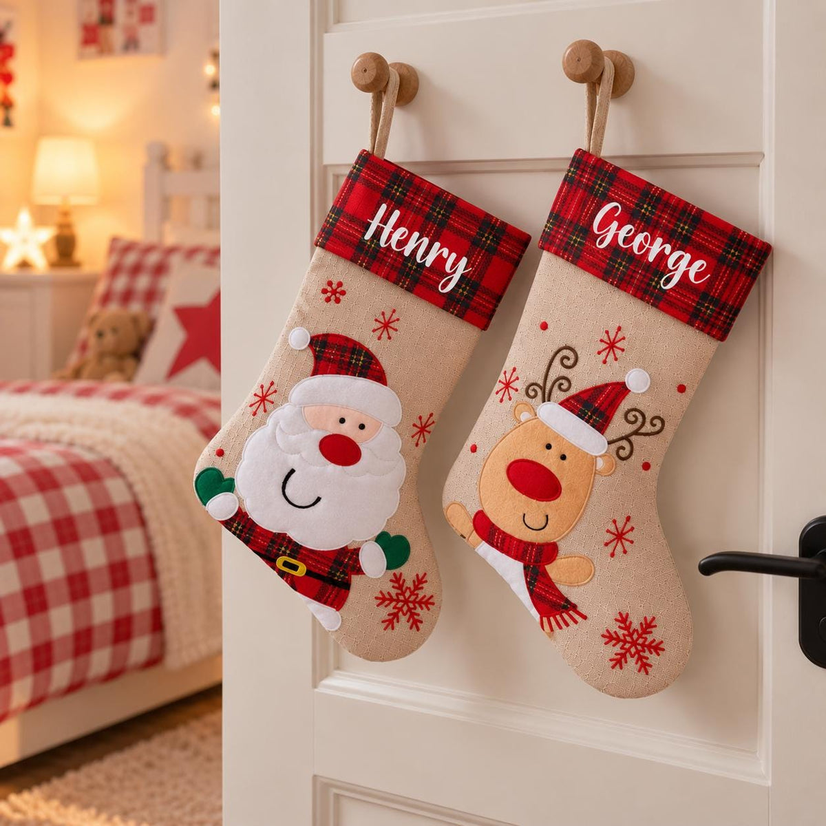 Personalised Tartan Christmas Stocking - Childrens Name Santa Snowman Reindeer
