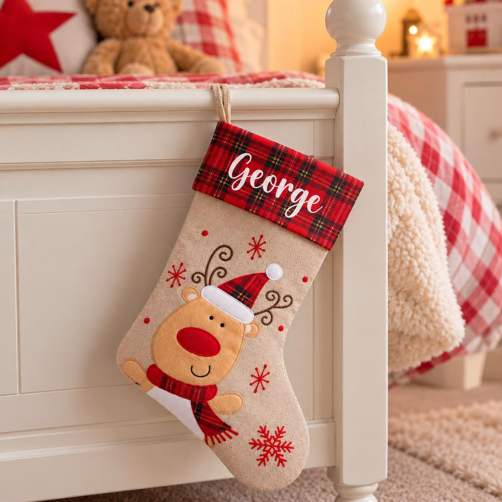 Personalised Tartan Christmas Stocking - Childrens Name Santa Snowman Reindeer