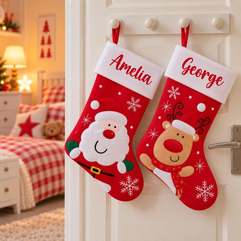 Personalised Plush Christmas Stocking - Childrens Name Santa Snowman Reindeer