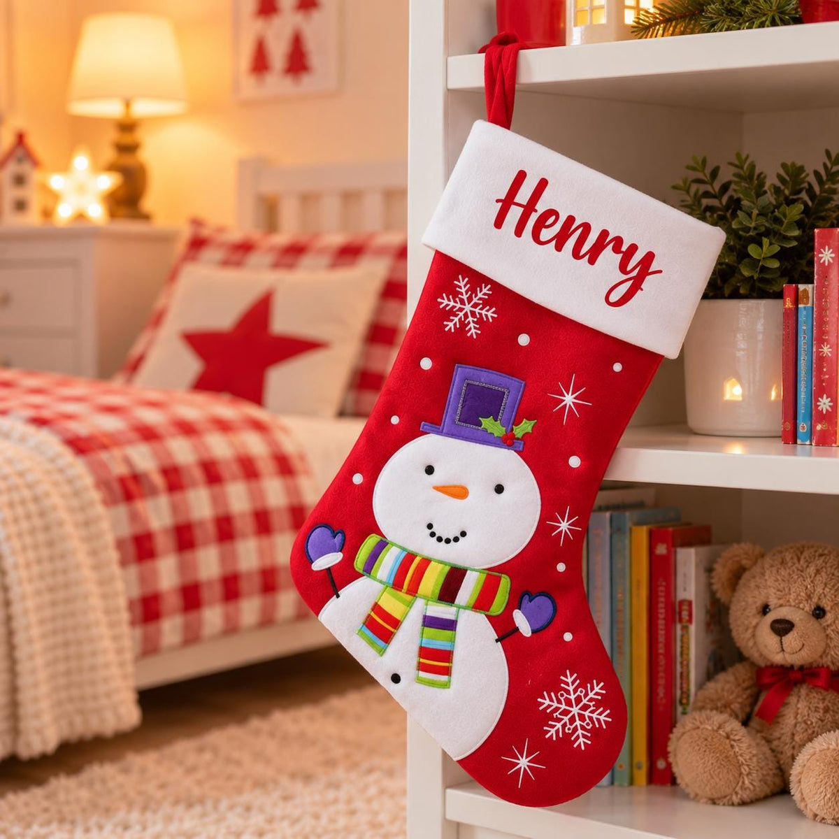 Personalised Plush Christmas Stocking - Childrens Name Santa Snowman Reindeer