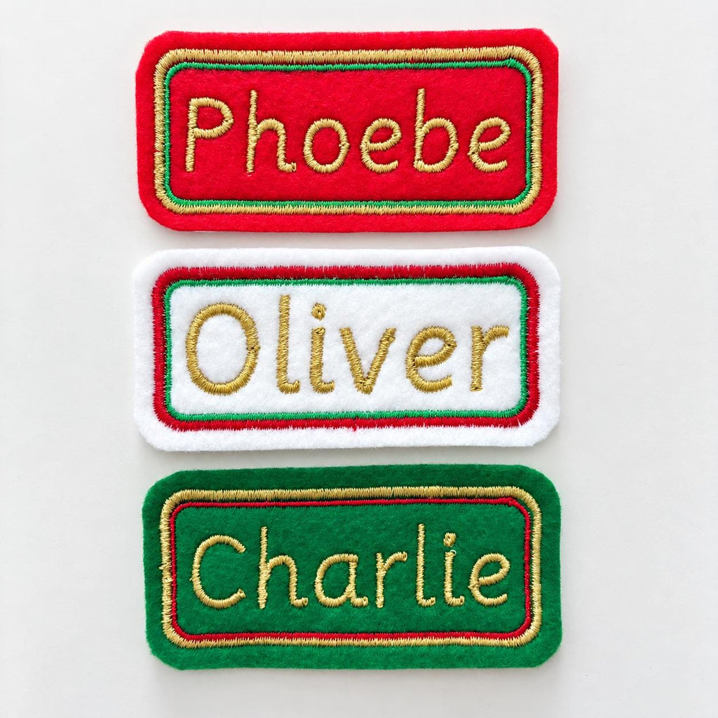 Personalised Embroidered Name Patch Kids Christmas Stocking Tags Sew & Iron On