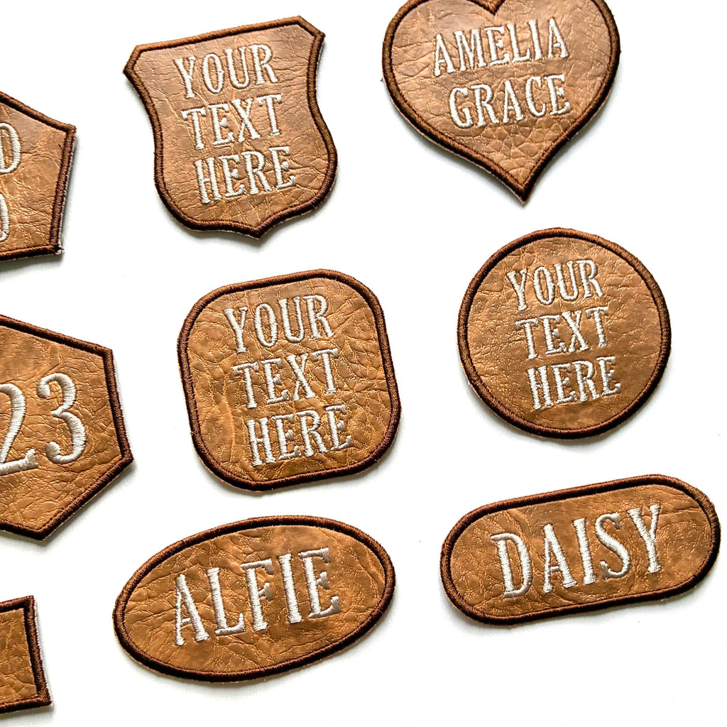 Personalised Embroidered Faux Leather Patches Iron & Sew On Custom Name Text Shaped Badges