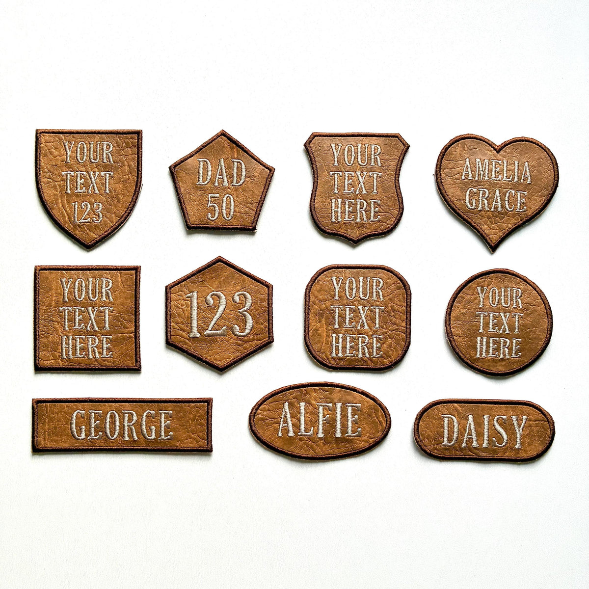 Personalised Embroidered Faux Leather Patches Iron & Sew On Custom Name Text Shaped Badges