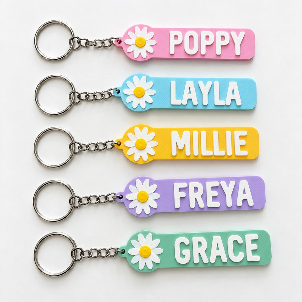 Personalised Name Flower Keyring Kids Girls Backpack Keychain Party Bag Charm