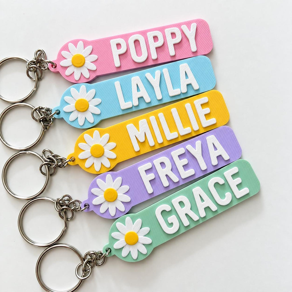 Personalised Name Flower Keyring Kids Girls Backpack Keychain Party Bag Charm