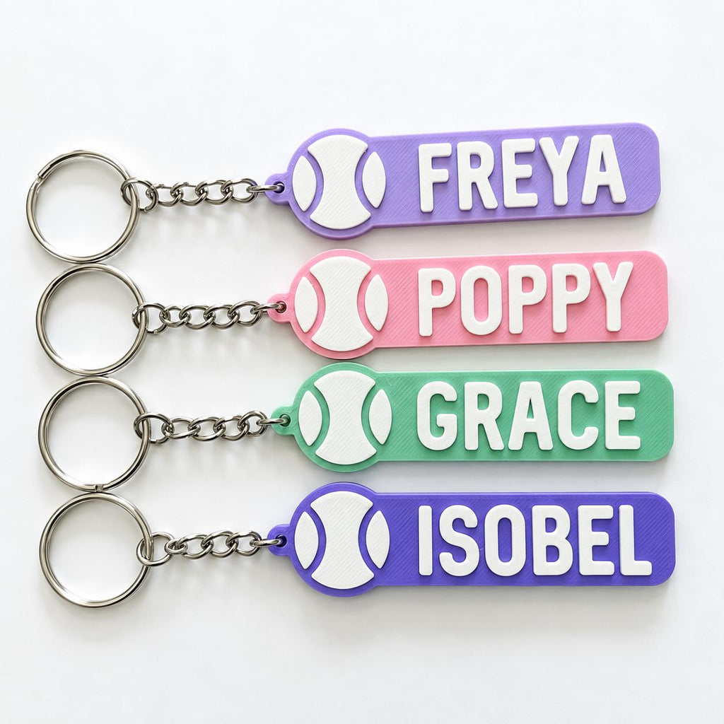 Personalised Name Tennis Ball Keyring Backpack Keychain PE Kit Club Gym Bag Gift