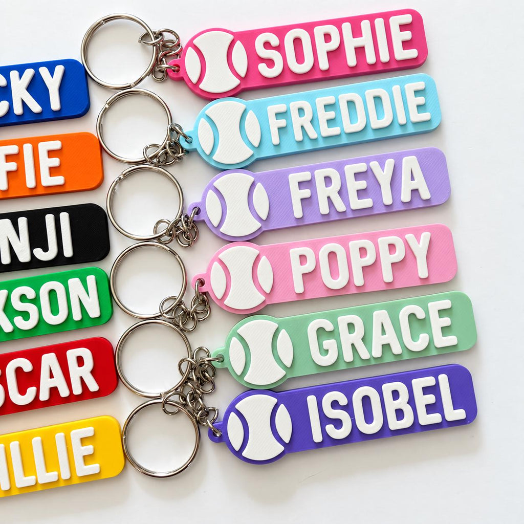 Personalised Name Tennis Ball Keyring Backpack Keychain PE Kit Club Gym Bag Gift