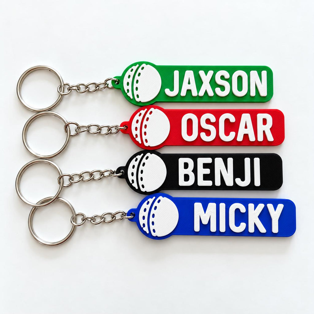Personalised Name Cricket Ball Keyring - Backpack Keychain Club Kit Bag Dad Gift