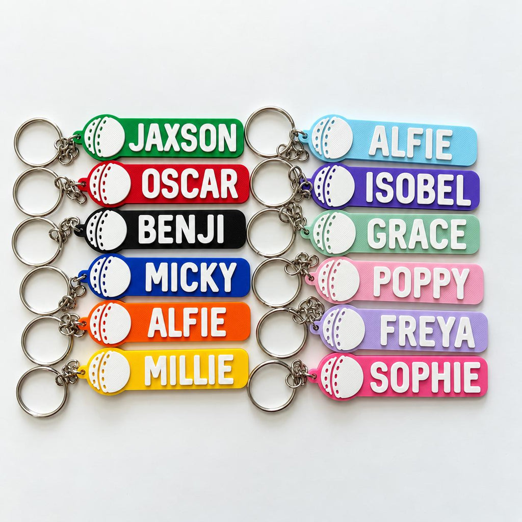 Personalised Name Cricket Ball Keyring - Backpack Keychain Club Kit Bag Dad Gift